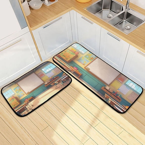 Classroom Cartoon Animated Style Kitchen Mat Set of 2 Cushioned Non Slip Rugs for Bedroom Floor Runner Mats