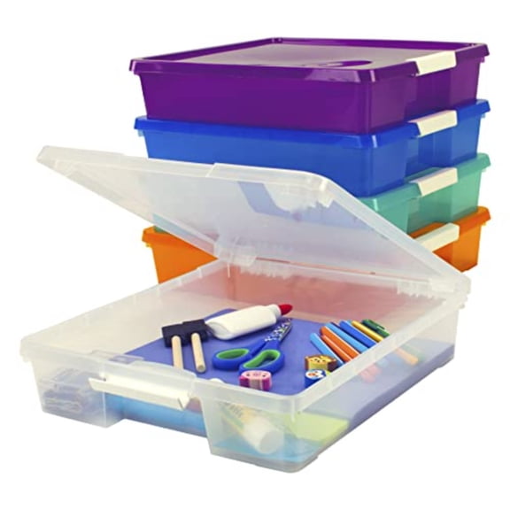 Storex Classroom Craft Project Box Stacking Plastic Organizer Fits 12x12 Scrapbooking Paper Assorted STEAM Colors 5-Pack 63202C05C
