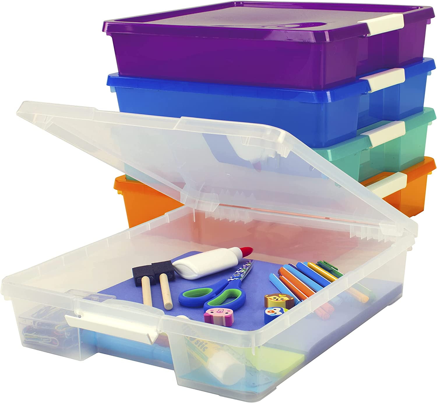 Classroom Craft Project Box – Stacking Plastic Organizer Fits 12x12 Scrapbooking Paper, Assorted STEAM Colors, 5-Pack