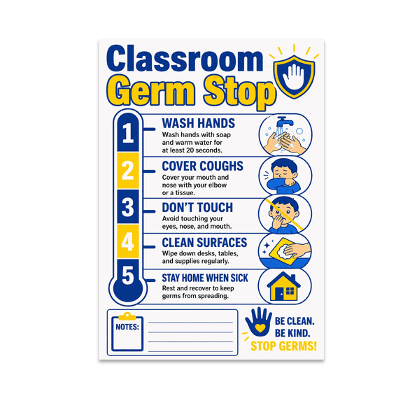 Classroom Germ Stop Handwashing Poster - Elementary School Decor - 13x19 Poster Print