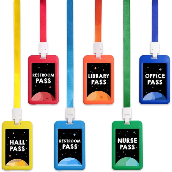 Classroom Hall Pass Set 6 Pack with Lanyard Durable PVC Waterproof 4.5x2.8 Inches