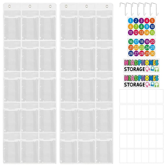 Classroom Headphone Storage Organizer W/ 30 Pockets, PVC Clear Classroom Pocket{
