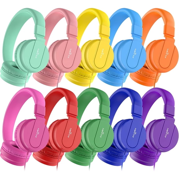 Classroom Headphones Bulk 10 Pack - Kids Headphones for School K-12 Student 93dB Volume Limited On-Ear Wired Headset with Microphone Durable 3.5mm Jack for Class Set Library Computer (Mixed Color)