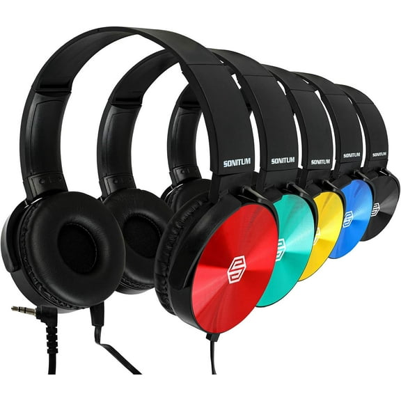 Classroom Headphones Bulk 5 Pack, Student On Ear Color Varieties, Comfy Swivel Earphones for Library, School, Airplane, Kids, for Online Learning and Travel, Noise Reducing, Stereo Sound 3.5mm Jack
