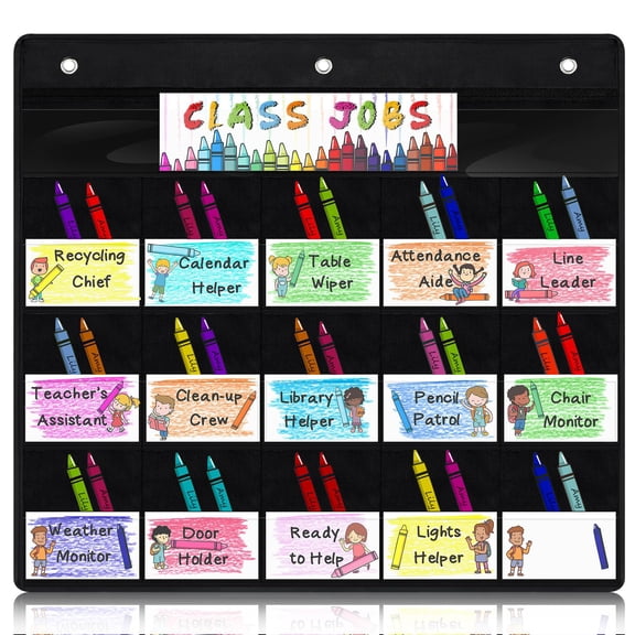 Classroom Jobs Pocket Chart with 98 Dry Erase Cards and 3 Hooks