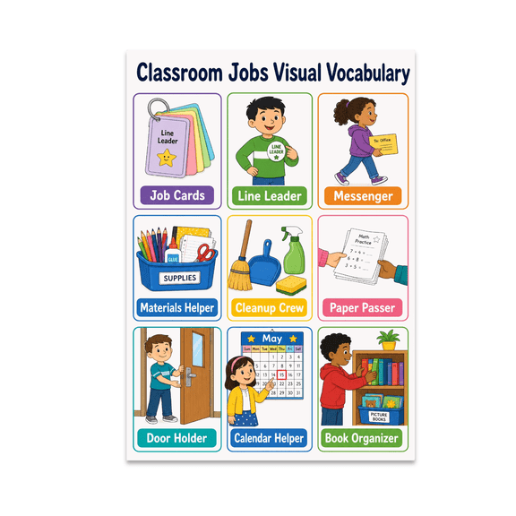 Classroom Jobs Visual Vocabulary Poster, Teacher Aids, Visual Learning, and Learning Engagement, 13x19 Glossy Paper