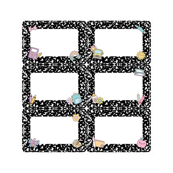 Classroom Labels for Teachers and , Six Blank Name Stickers with Cartoon Pencil, Book, Backpack, Apple and Flower Designs for Supplies