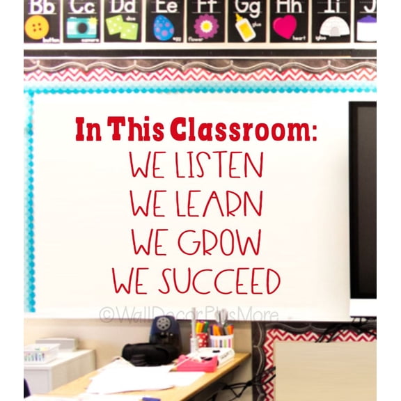 In This Classroom We Listen Learn Grow Succeed Kids Classroom Wall Decals - Motivational Educational Wall Art - Motivational Quote Vinyl Sticker - Removable Vinyl Wall Decal, 31x23-Inch, CherryRed