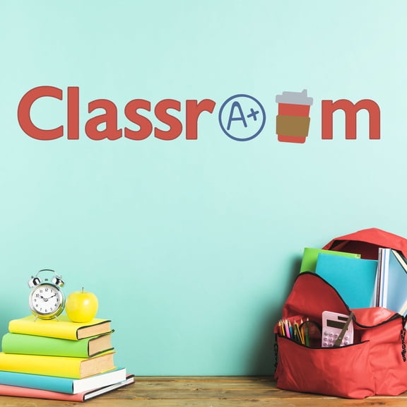 Classroom Logo with A Plus Score and Coffee Cup Design Vinyl Wall Decal - Entrance Banner Word Art for Kid's School Room Wall Decoration - 30" x 6"