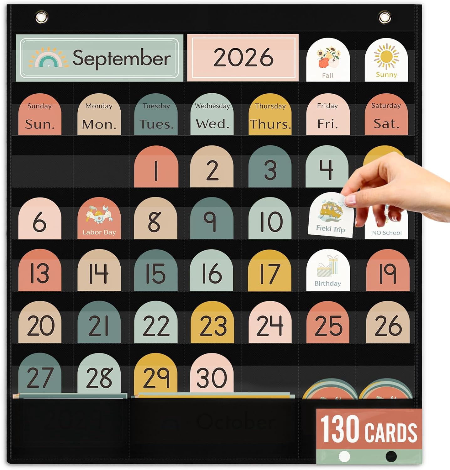 Classroom Monthly Calendar Pocket Chart for Kids Learning, 105 Cards Black Wall Calendar and Weather, Teacher Supplies for Kindergarten Preschool Elementary Homeschool Must Have