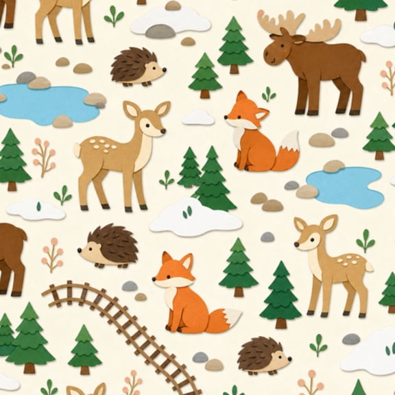 Classroom Peel and Stick Wallpaper Woodland Animals Paper Cut Train Track Loop Deer Fox Moose Winter Wall Mural 17.7in x 9.8ft Self Adhesive Removable Wall Paper Renter Friendly Wallpaper for Bedroom
