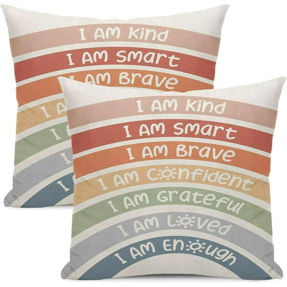 Classroom Pillow Covers 18 X 18 Inch Set of 2, I Am Kind Smart Brave Confident Grateful Loved Enough Rainbow Decorative Throw Pillow Covers for Book Center Home Bedroom Playroom Decor