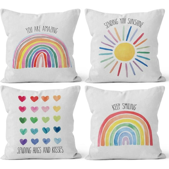 Classroom Pillow Covers,You are Amazing Sunshine Rainbow Decorative Throw Pillow Cover,Rainbow Pillows,Motivational Rainbow Sun for Classroom Nursery Decor 18 x 18 Inch Set of 4 Pillow Case