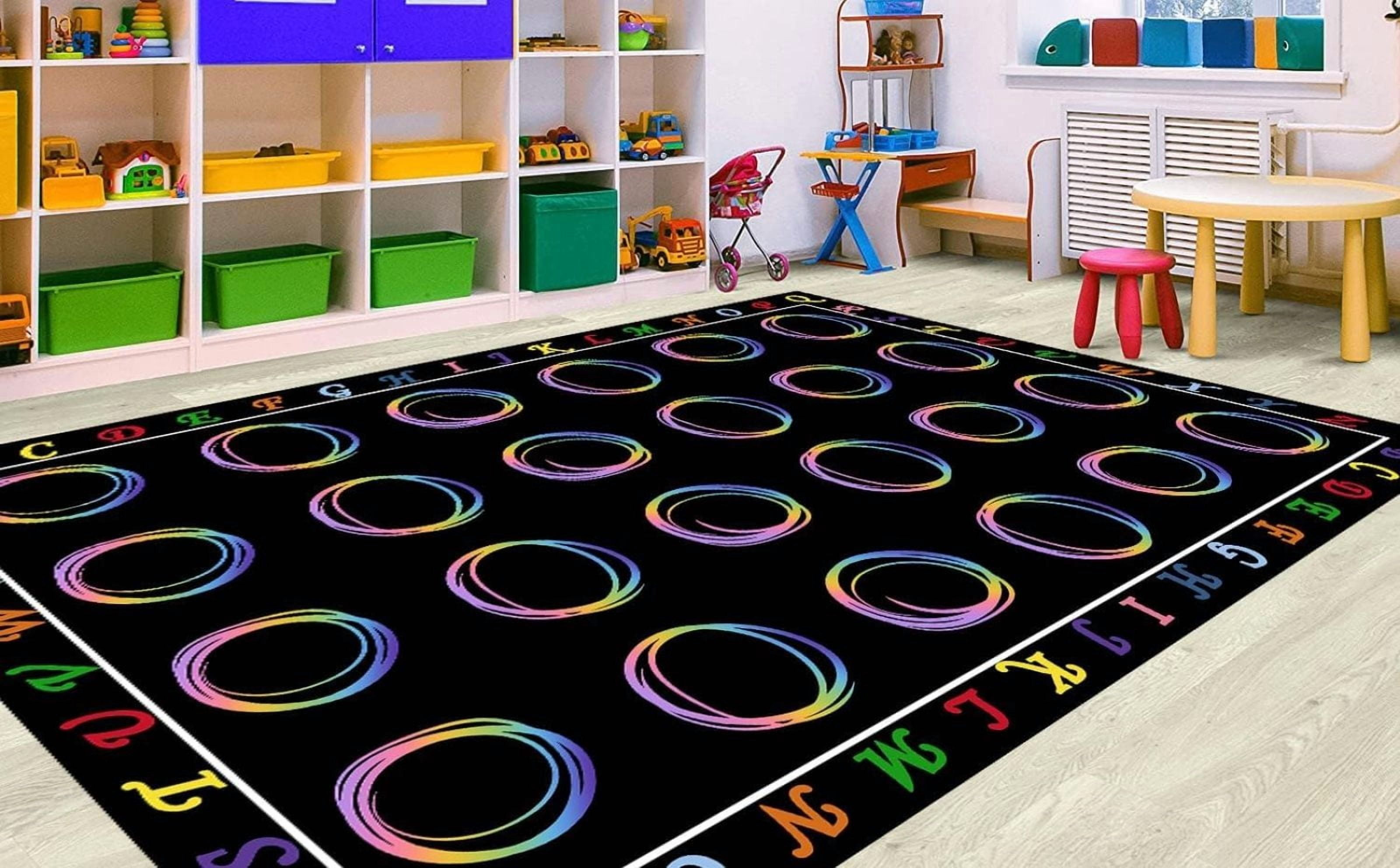 Classroom Rug Black Elementary Preschool Teacher Learning Carpet Seating Rug For Kids Room With Non-Slip Backing, Rainbow Lines-5x6ft