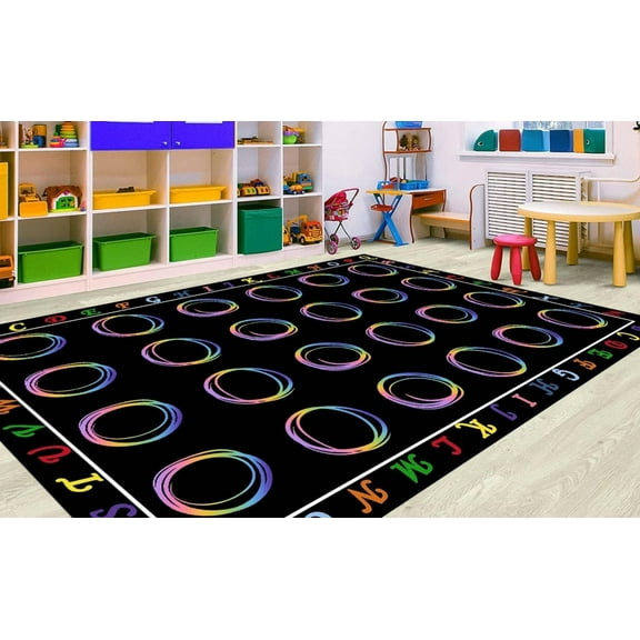 Classroom Rug Black Elementary Preschool Teacher Learning Carpet Seating Rug For Kids Room With Non-Slip Backing, Rainbow Lines-5x6ft