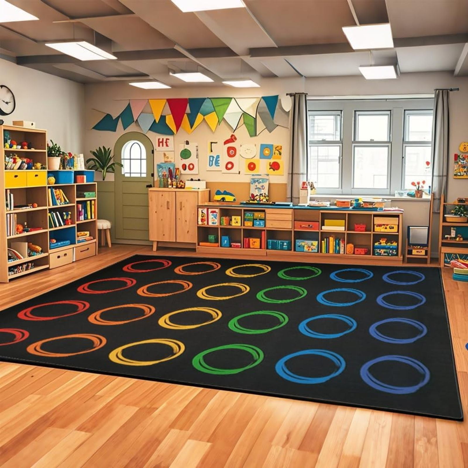 Classroom Rugs Elementary With Colorful Circle, Large Classroom Rug For ...