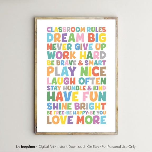 Classroom Rules Be Kind Dream Big Work Hard Color Poster Art, Unframed Poster