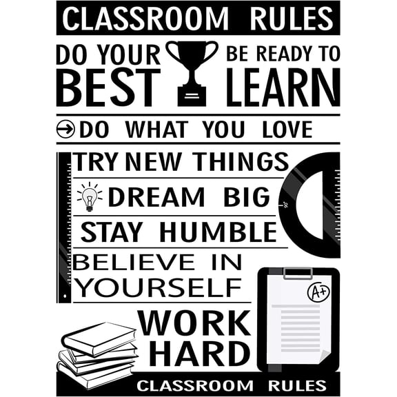 Classroom Rules Wall Decals 15x23 Inch PVC Wall Stickers Quotes Word Work Hard Best Learn Motivational Wall Decal Wall Quotes Peel and Stick for Home Office Classroom Study Wall Decration Black