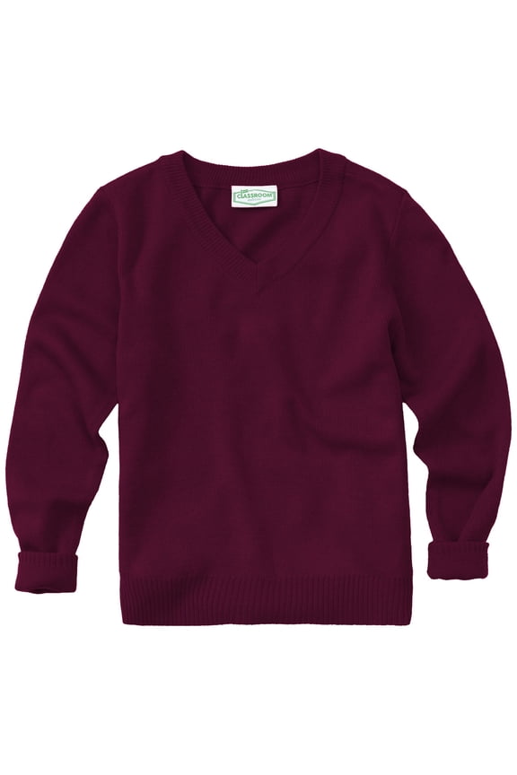 School Uniform Youth Unisex Long Sleeve V-neck Sweater, 56702, L, Burgundy