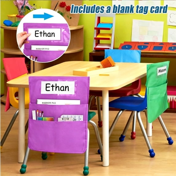 Classroom Seat Back Chair Pockets Organizer, Slide‑On Hanging Desk Storage Sack with Clear Name Card Slot