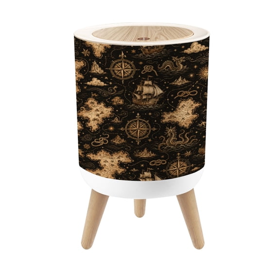 Classroom Small Trash Can with Lid Antique World Map Oceans Nautical Illustrations 1.8 Gallon Dog Proof Trash Can Round Garbage Can Waste Bin Wastebasket for Kids Bedroom Living Room