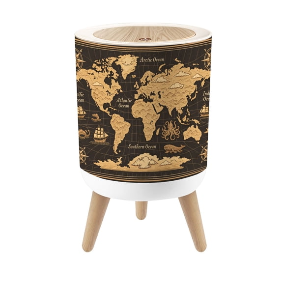 Classroom Small Trash Can with Lid Antique World Map Oceans Nautical Illustrations 1.8 Gallon Dog Proof Trash Can Round Garbage Can Waste Bin Wastebasket for Nursery Back to School Gifts