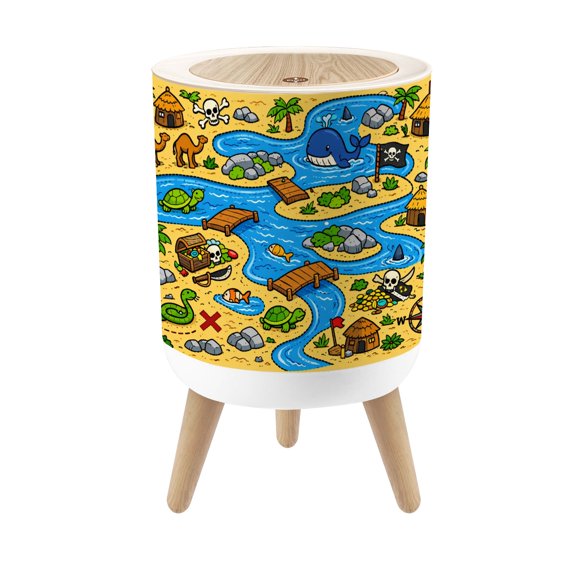 Classroom Small Trash Can with Lid Cartoon Pirate Treasure Map Animals Rivers Islands 1.8 Gallon Dog Proof Trash Can Round Garbage Can Waste Bin Wastebasket for Nursery Back to School Gifts