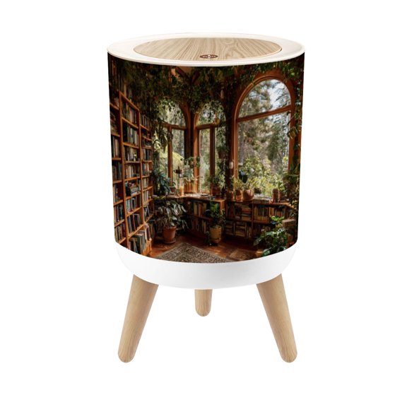 Classroom Small Trash Can with Lid Cinematic Treehouse Library Soft Light Books Foliage 1.8 Gallon Dog Proof Trash Can Round Garbage Can Waste Bin Wastebasket for Bathroom Bedroom Living Room