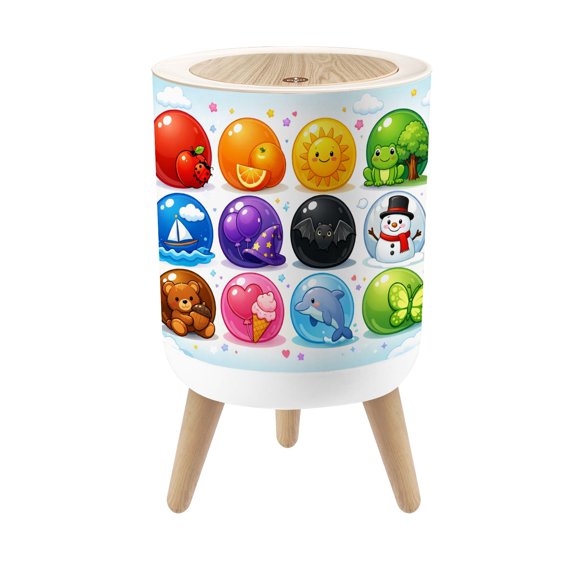 Classroom Small Trash Can with Lid Colorful Cartoon Bubble Icons Ladybug Sun Frog Snowman 1.8 Gallon Dog Proof Trash Can Round Garbage Can Waste Bin Wastebasket for Nursery Back to School Gifts