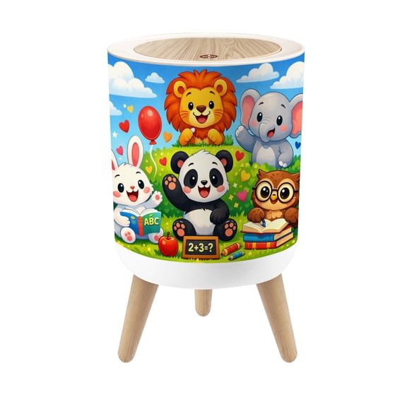 Classroom Small Trash Can with Lid Cute Cartoon Animal Friends Playing Colorful 1.8 Gallon Dog Proof Trash Can Round Garbage Can Waste Bin Wastebasket for Nursery Back to School Gifts