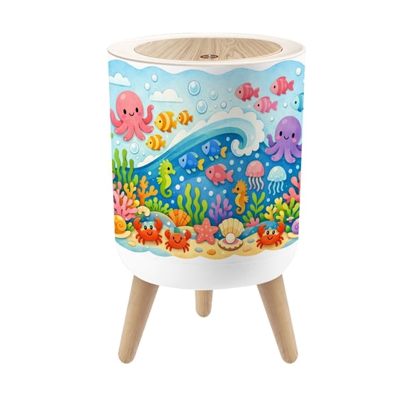 Classroom Small Trash Can with Lid Underwater Ocean Scene Colorful Fish Jellyfish Octopuses 1.8 Gallon Dog Proof Trash Can Round Garbage Can Waste Bin Wastebasket for Nursery Back to School Gifts