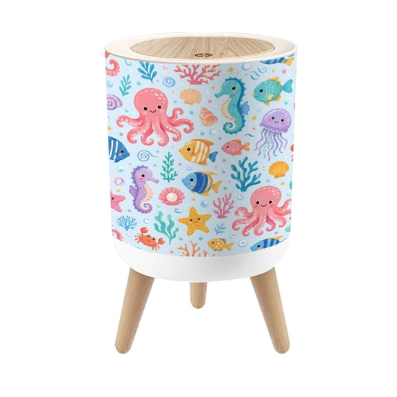 Classroom Small Trash Can with Lid Underwater Ocean Scene Colorful Fish Jellyfish Octopuses Crabs 1.8 Gallon Dog Proof Trash Can Round Garbage Can Waste Bin Wastebasket for Kids Bedroom Living Room