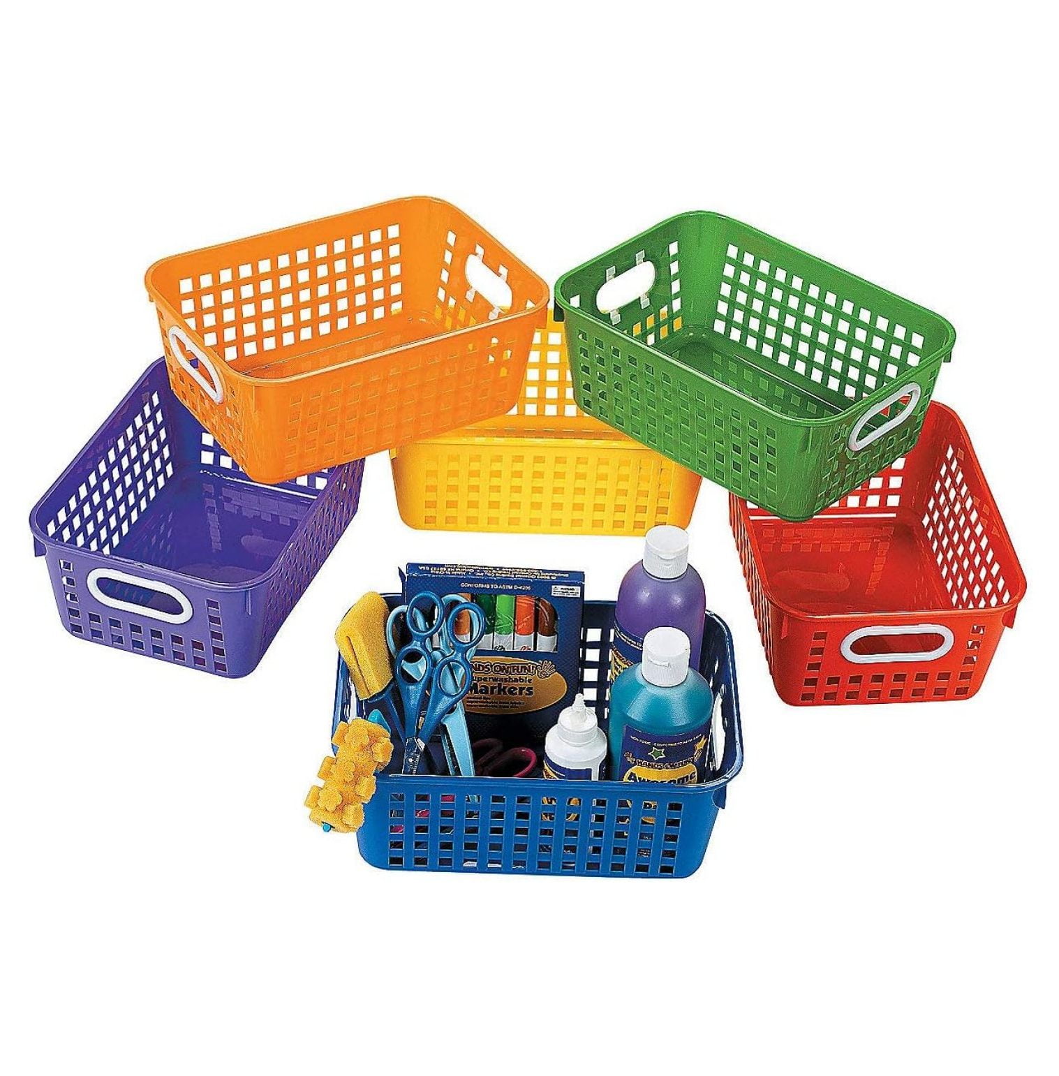 Multicolor Rectangular Plastic Storage Baskets with Cut-Out Handles, Set of 6