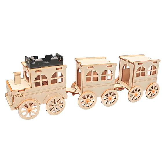 Classroom Train Project Assembly Set, Electric Wooden Model with Locomotive and Two Carriages for Handcraft Work, Physic