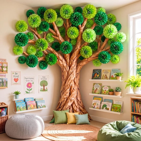 Classroom Tree Bulletin Board Set DIY 3D Cardboard Tree with Paper Pom Poms Kraft Craft Bulletin Board Wall 3D Decorations for School Elementary Teacher Chalkboard (Green,8, 10, 12 Inch)