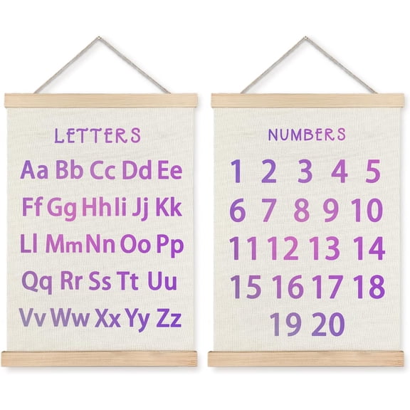 Classroom Wall Decor, Numbers and Alphabet Educational Wall Art Poster, Alphabet ABC Numbers from 1 to 20 Poster Wall Decor for Toddler Kids Room Playroom Classroom, 12x16 Set of 2(Purple)