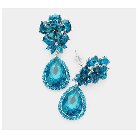 Classy 2" clip on gold turquoise stone flower and teardrop earrings