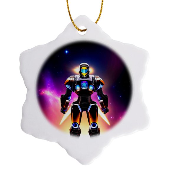 3drose, Classy Android Robot in Space. Purple, Yellow, Pink Light Digital Art, 3 inch Snowflake Porcelain Ornament