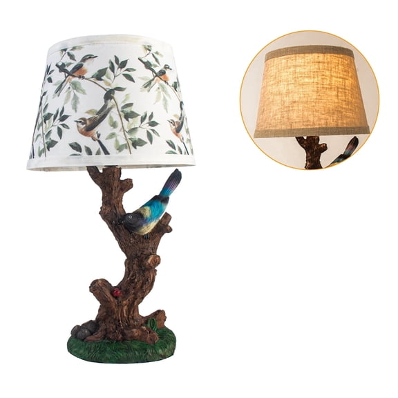 Novaretro Classy Bird & Blossom Rustic Table Lamp Floral Branch Resin Base with Linen Shade for Bedroom, Living Room, Home Office