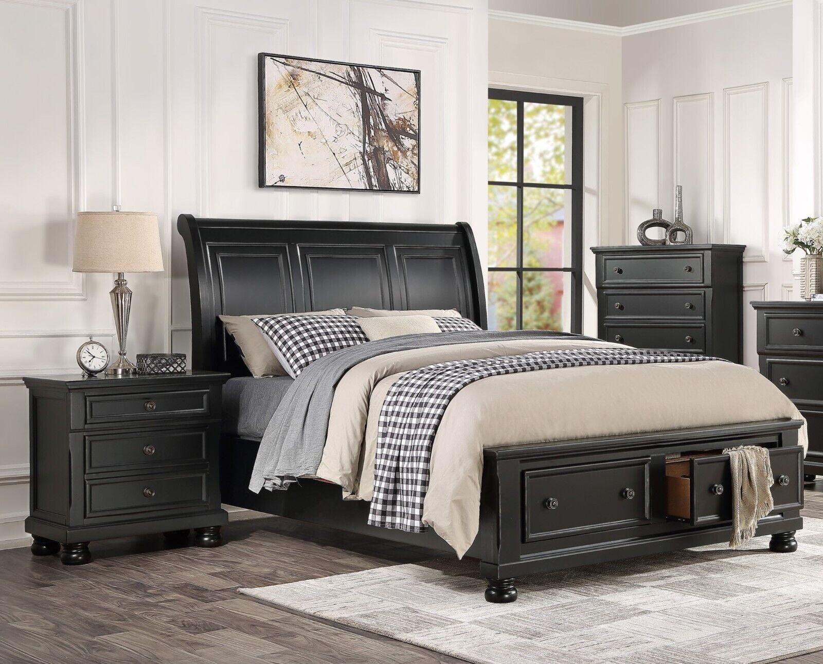 Classy Black 3pc Bedroom Queen Platform Bed w Drawers Chest Nightstand Set Wooden Bedroom