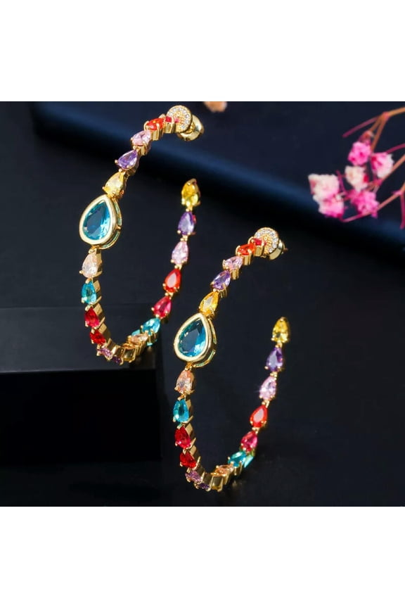 Classy CZ Multicolor Rainbow Big Drop Round Hoop Earrings for Female Ear Jewelry