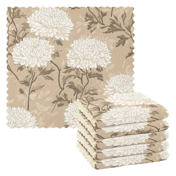 Classy Chrysanthemum Pattern on Beige Background Kitchen Cloth Dish Towels for Drying Washing Absorbent Dish Rags 6 Pack