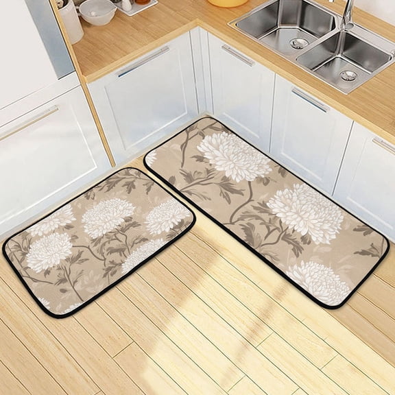 Classy Chrysanthemum Pattern on Beige Background Kitchen Mat Set of 2 Cushioned Non Slip Rugs for Bedroom Floor Runner Mats