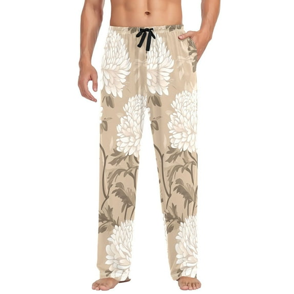 Classy Chrysanthemum Pattern on Beige Background Mens Cotton Pajama Pant Sleep and Lounge Bottons with Pockets