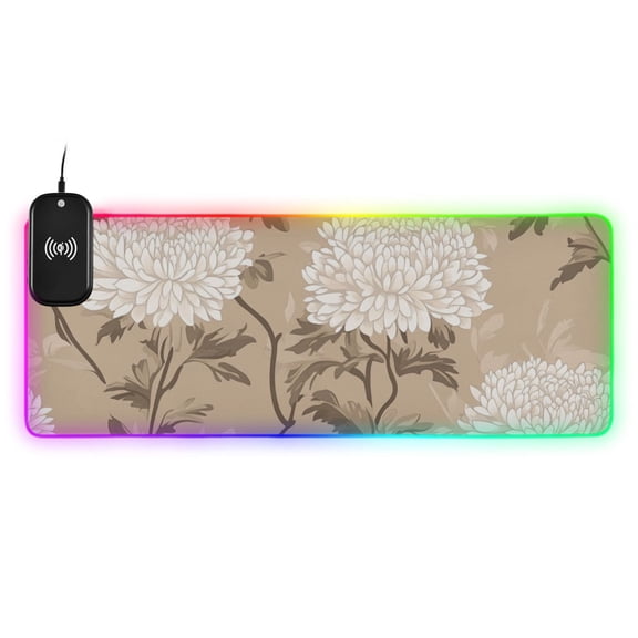 Classy Chrysanthemum Pattern on Beige Background Wireless Charging RGB Gaming Mouse Pad Large Keyboard Mat Rubber Base 13 Light Modes
