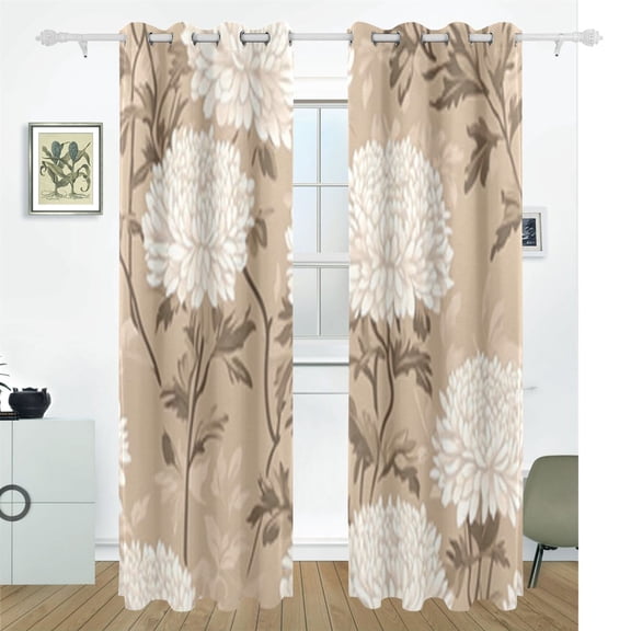 Classy Chrysanthemum on Beige Blackout Curtains, 55W x 72/84L Living Room Bedroom Curtains, Heat Insulation and Sun Protection, 2-Pack