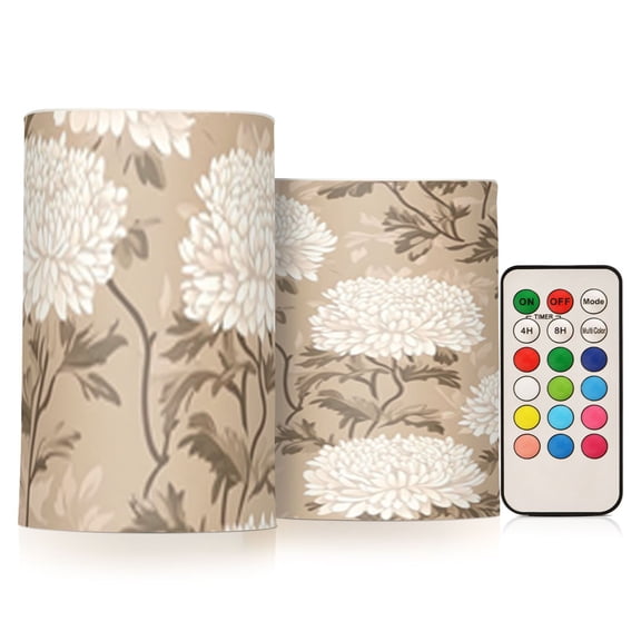 Classy Chrysanthemum on Beige Flickering Flameless Candles Battery Operated with Remote Timer LED Pillar Candles Set of 2