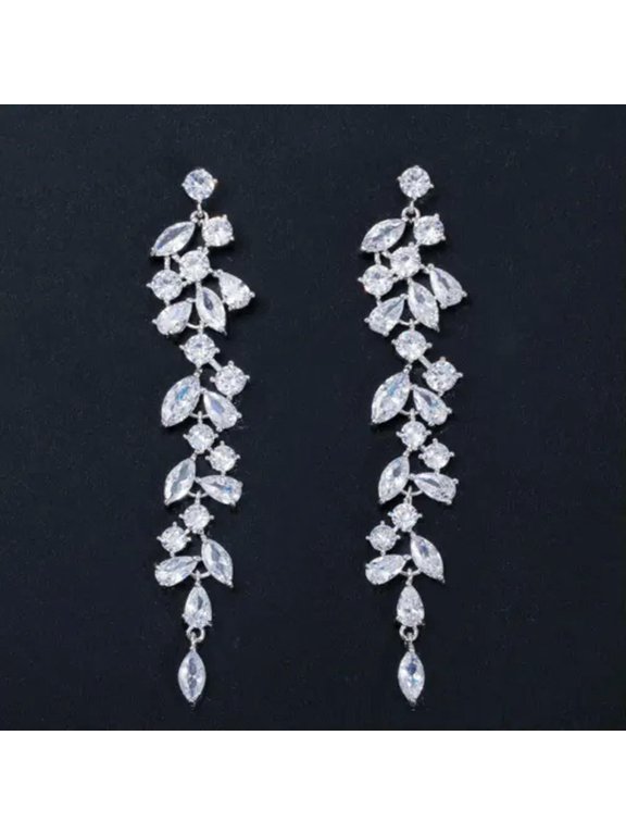 Classy Cubic Zircon Rose Gold Plated Dancing Party Long Dangle Leaf Drop Earring