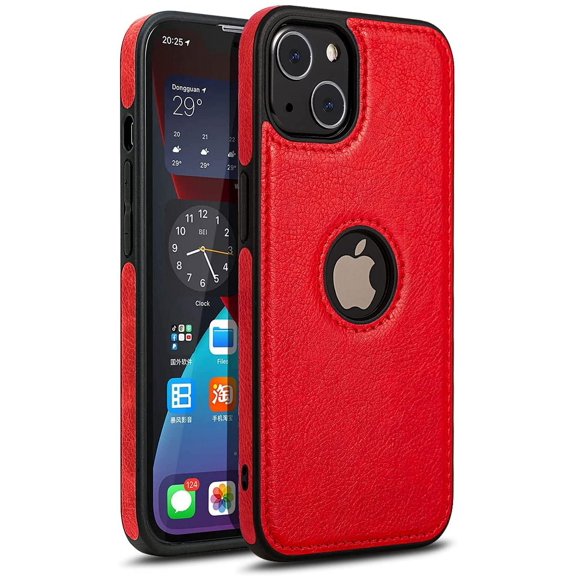 Classy Design Luxury Leather Phone Case for iPhone 13 Non-Slip Grip Full Body Ultra Slim Protective Case (2021,6.1”) (Red)