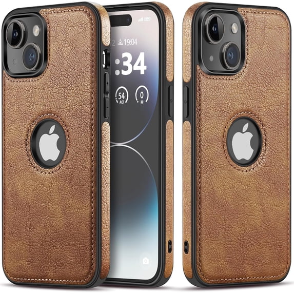 Classy Design Luxury Leather Phone Case for iPhone 15 Non-Slip Grip Full Body Ultra Slim Protective Case (2023,6.1”) (Brown)